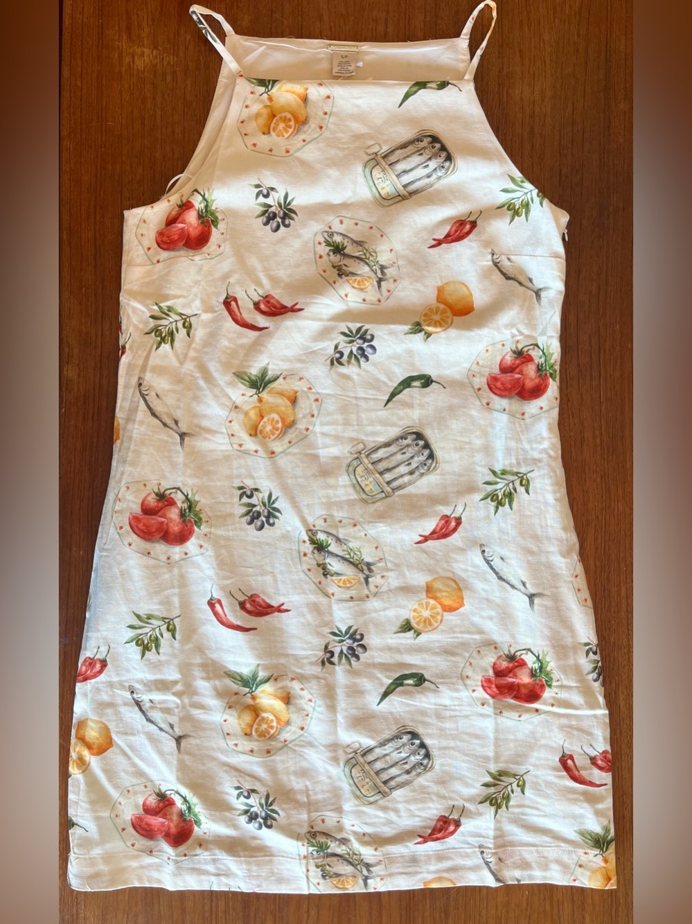 Magaschoni Linen Blend Mini Dress Fish Sardines Seafood Tomatoes Lemon Print S